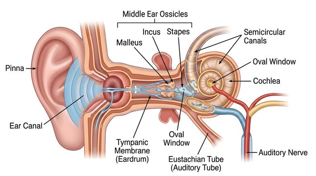 Educational cross‑section illustration of the human ear detailing pinna, ear canal, tympanic membrane, middle ear ossicles, oval window, semicircular canals, cochlea, auditory nerve and Eustachian tub