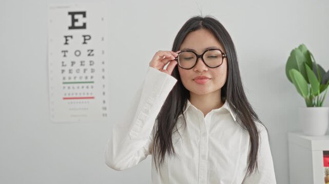 Woman optician adjusting glasses and smiling beside an eye chart in a clinic; confidence professional care.