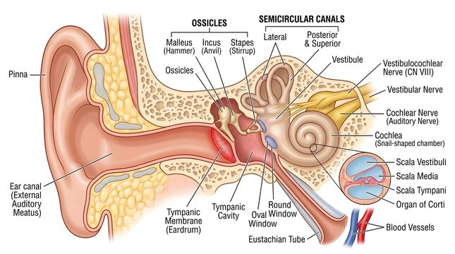 Comprehensive anatomy diagram of the human ear showing pinna, ear canal, tympanic cavity, ossicles, semicircular canals, cochlea, vestibular nerves, Eustachian tube and fluid‑filled scalae, ideal for 