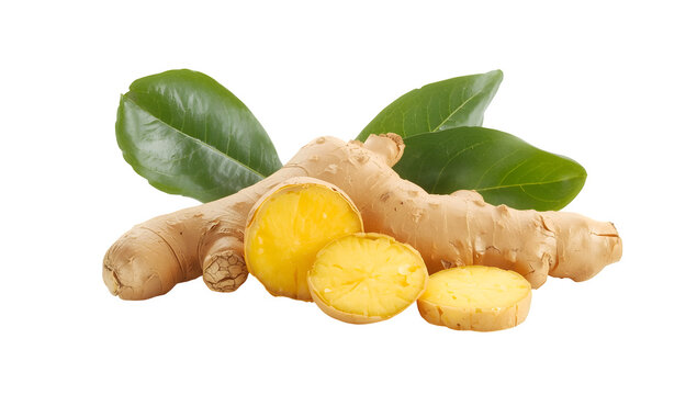 Fresh ginger root with leaves on black background, isolated