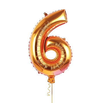 Gold balloon number six on a black background, with string party