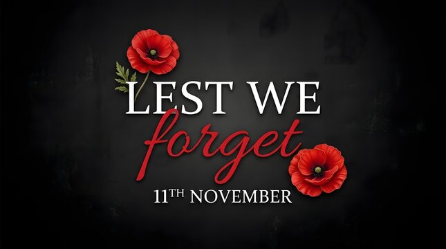 Remembrance day poster with poppies and text on dark background