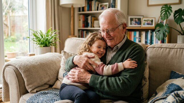 A child granddaughter hugging her senior grandparent on a comfortable living room sofa, soft fabrics, gentle expressions, warm daylight, tender and content family atmosphere, ultra-realistic, no