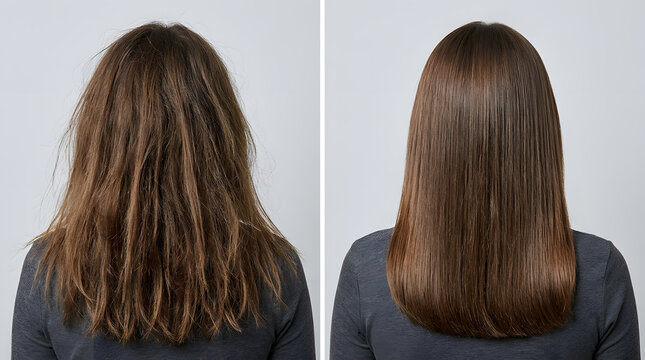 Hair Transformation Before and After | Frizzy Damaged Dry Brown Hair vs Smooth Shiny Straight Results | Keratin Treatment Comparison | Beauty Salon Hair Repair and Restoration Services | Healthy Hair