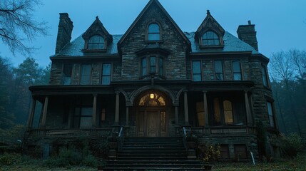 Obraz premium Imposing Victorian Mansion Amidst Gloomy Ambiance of Twilight Serenity