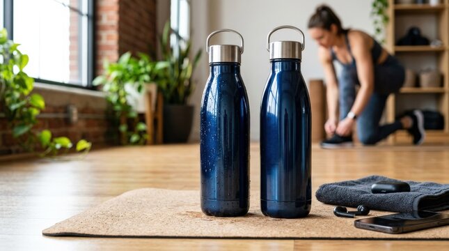 A sleek modern water bottle displayed in a clean lifestyle setting, glossy surface, fresh reflections and an active practical atmosphere, ultra-realistic, no logos.