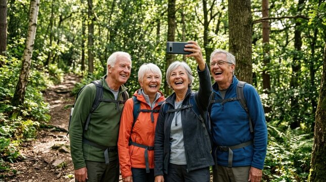 Smiling senior friends taking a selfie on a forest trail, hiking layers, dappled light and lush greenery creating a joyful outdoor atmosphere, ultra-realistic, no logos.