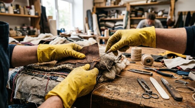Hands in yellow gloves working with textured materials on a crafting table in a daytime workshop, tactile surfaces, practical tools and focused maker atmosphere, ultra-realistic, no logos.