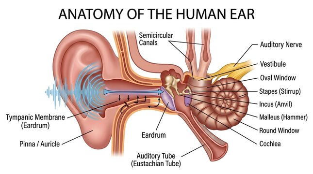 Labeled anatomy illustration of the human ear highlighting pinna, ear canal, tympanic membrane, ossicles, semicircular canals, cochlea, vestibule, auditory nerve and Eustachian tube, demonstrating how