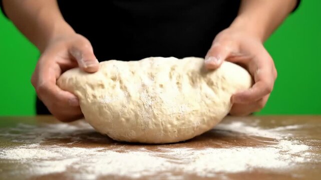 Hands Kneading Soft Dough on Floured Wooden Surface Closeup