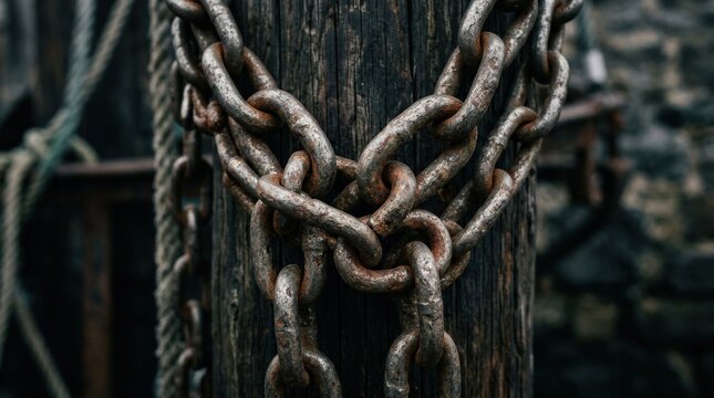 A close-up of linked chains with aged metal texture, muted tones and shallow depth of field, solitary resilient atmosphere, ultra-realistic, no logos.
