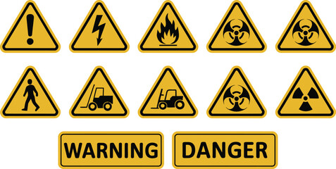 Warning, and danger signs vector icon set, minimalist industrial hazard symbols including high voltage biohazard forklift warning radiation and danger icons for workplace safety communication. © Nur