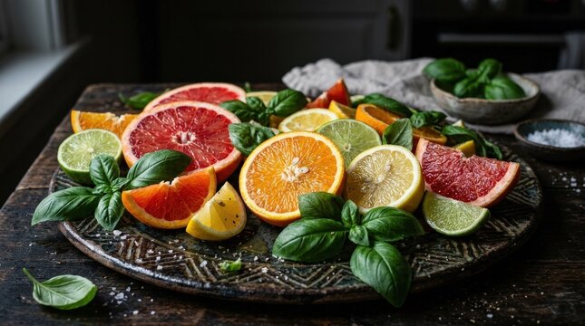 A fresh citrus medley with basil leaves arranged on a dark patterned textured surface, juicy slices, vivid colors and rich contrast, moody food styling and crisp appetizing atmosphere,