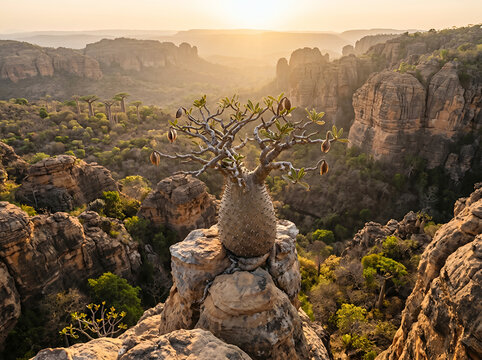 Bottle tree growing on rocky cliff in mountainous landscape at sunset rugged terrain