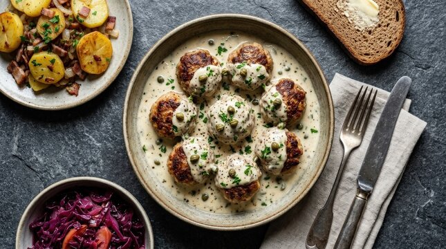 German meatballs with creamy caper sauce and sides arranged on a grey stone surface, rich sauce texture, rustic plating and savory detail, moody overhead light and comforting culinary atmosphere,