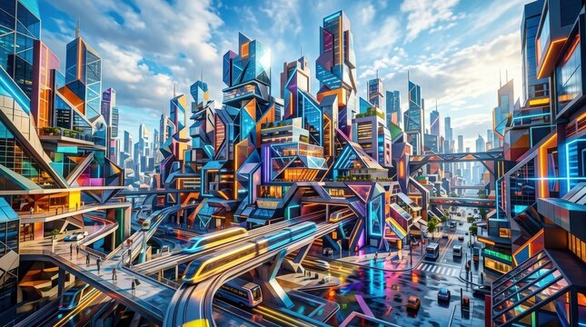 A colorful abstract cityscape built from geometric forms, layered structures, glowing reflections and urban rhythm beneath a bright sky, bold futuristic atmosphere, ultra-realistic, no logos.