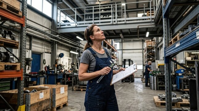 A stock inspector in overalls holding a tool and looking upward, industrial framework and workshop details behind her, capable purposeful atmosphere with crisp light, ultra-realistic, no logos.