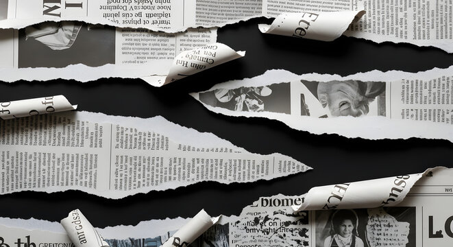 Torn paper with visible newsprint background ripped edges and black and white texture
