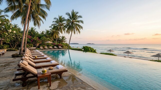 Luxury beach resort infinity pool with tall palm trees and empty sun loungers, peaceful ocean backdrop and an idyllic relaxation atmosphere, ultra-realistic, no logos.