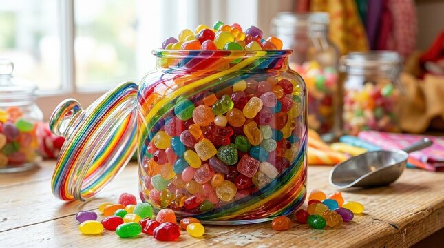 A rainbow-colored candy container filled with glossy sweets, vivid hues, translucent textures, bright studio light and a cheerful indulgent atmosphere, ultra-realistic, no logos.