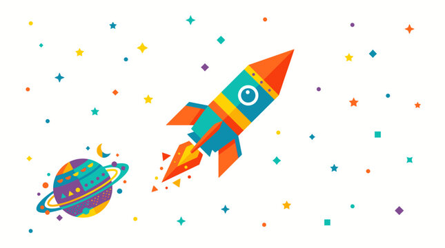 Colorful cartoon rocket flying in space and sky vector illustration