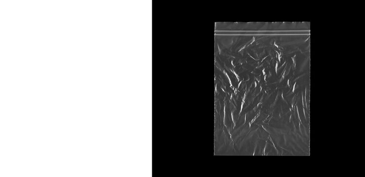 Transparent plastic zip bag texture on black background, wrinkled polyethylene pouch overlay, empty clear ziplock bag for product packaging mockup
