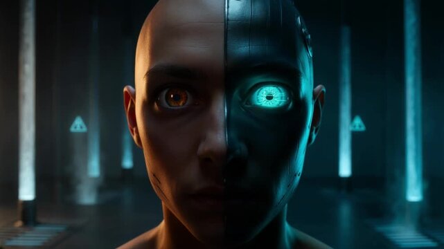 Cyborg face half human half machine glowing eye robotic man futuristic.