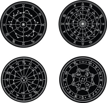 Set of black silhouette zodiac astrological charts for horoscope and celestial map