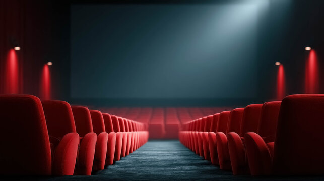 Rows of empty red cinema seats facing giant movie screen before premiere screening, elegant theater atmosphere, dramatic ambient lighting