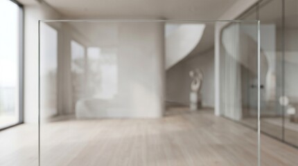 Fototapeta premium Interior view of modern room with glass wall and sculpture