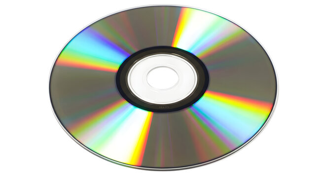 Shiny compact disc showing rainbow reflections isolated on white background
