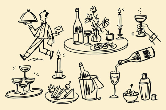 Cocktail Party Elements Sketch Doodle Vector
