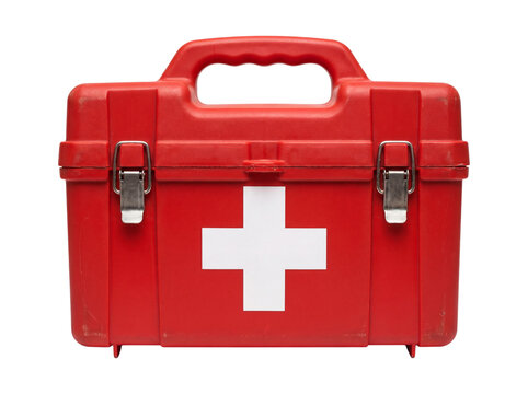 Red first aid kit with white cross, isolated on transparent background