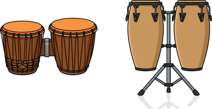 Professional Bongo and Conga Drum Set Vector Illustration Featuring Traditional Wooden Percussion Instruments and Modern Congas on Metal Stands for Latin Music Performance