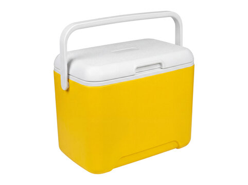 Yellow plastic cooler with white handle, isolated isolated on transparent background