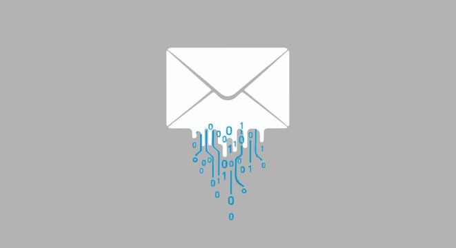 Digital envelope with binary code flowing out, representing data transfer and online communication