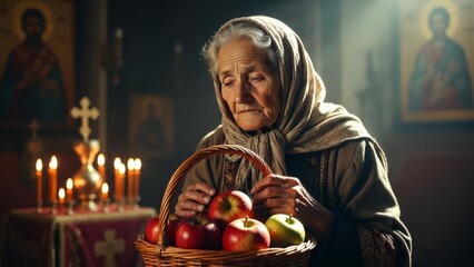 Fototapeta premium Elderly woman with apples in candlelit church interior