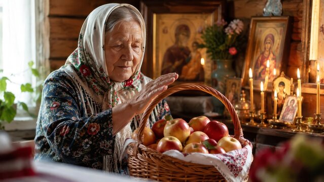 Senior woman with apples and candles in rustic church