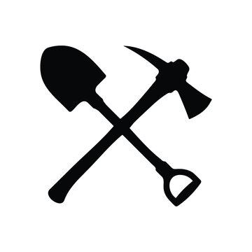 Crossed shovel and pick axe silhouette icon vector flat design.