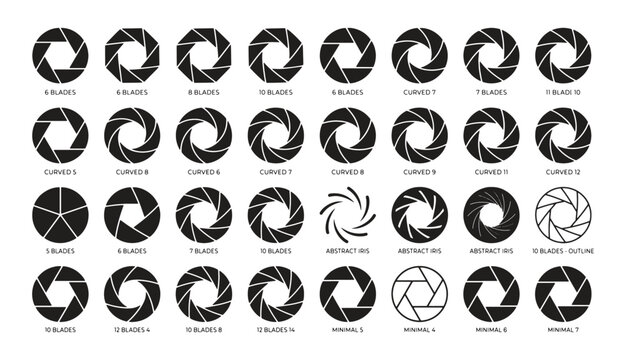 Camera shutter aperture icons with various blade counts. Vector illustration