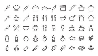Naklejka premium Kitchenware food ingredients and cooking utensil line icons. Vector illustration