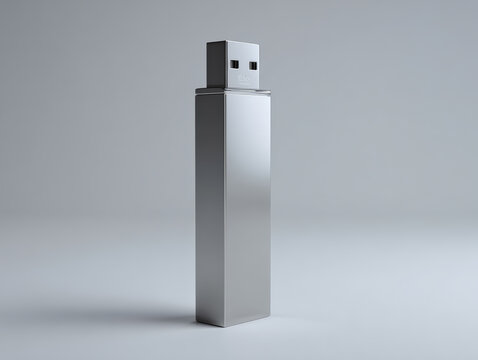 Silver USB flash drive standing on gray surface with soft lighting