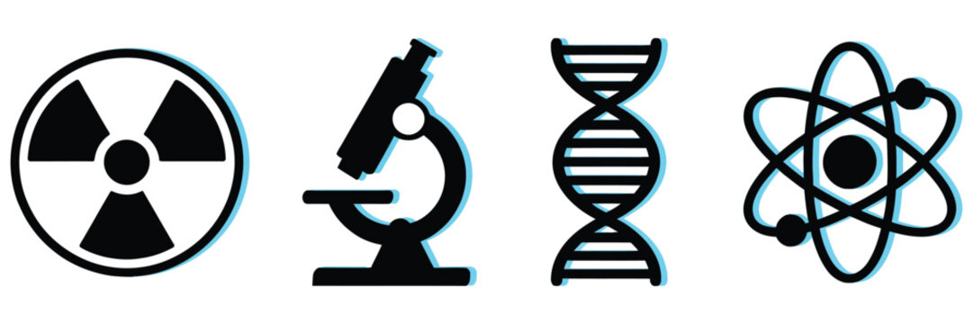 radiation symbol, microscope, dna helix, and atom icons with a modern glitch effect vector illustration, rank title concept for scientific research branding, biotechnology visuals, and laboratory info