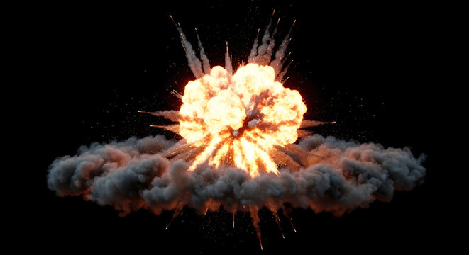 Dramatic explosion with fiery flames and billowing smoke against a black background