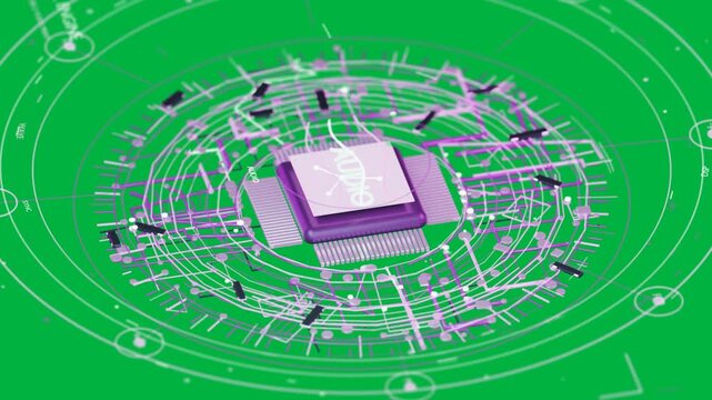 Chip emerging beneath AUDIO tile rotating forming HUD rings showing audio signals on transparent bg