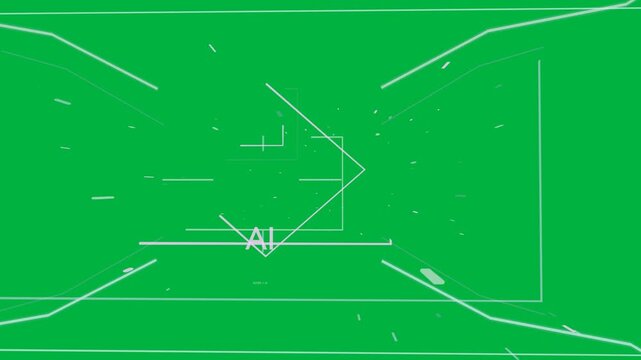 Neon vector scene starting with particle burst, building frames and highlighting AI token on alpha