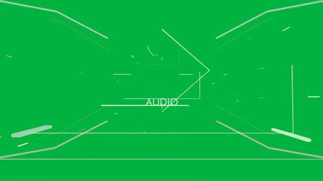 On audio cue HUD forming wireframe diamond pulsing labels and sparks, showing audio on transparent