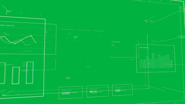 Camera panning 3D dashboard, data cloud drifting, panels sliding for monitoring, transparent bg