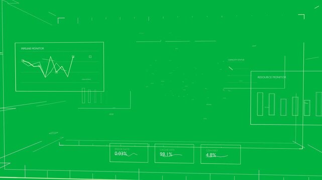 View shifting starting pan while HUDs updating and nodes revealing metrics, transparent background