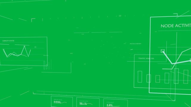 Network HUD updating from telemetry, panels shifting, particle cloud showing metrics on transparent